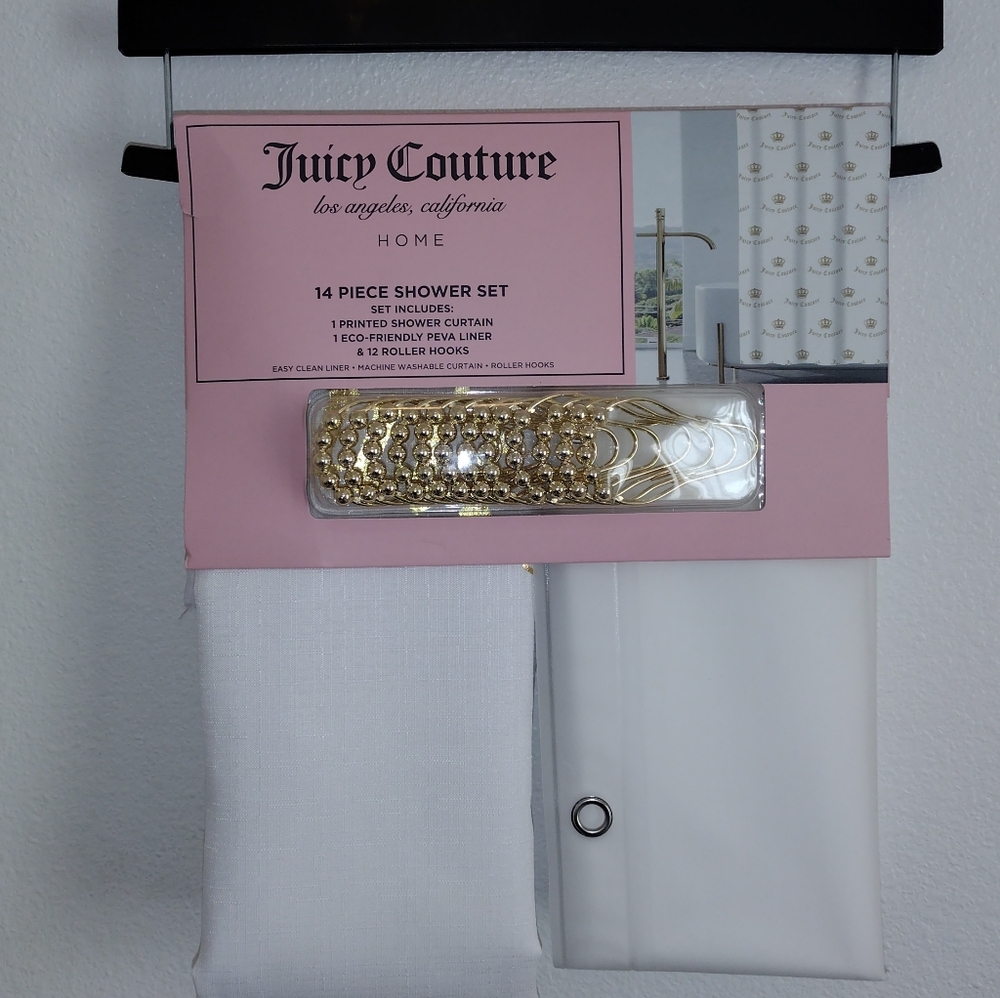 JUICY COUTURE SHOWER CURTAIN 14 PIECE  SET GOLD CROWN SHOWER CURTAIN SET NEW